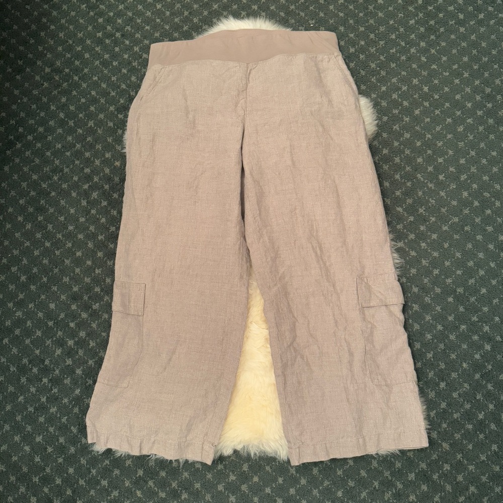 Eileen Fisher Taupe Wide Leg Linen Elastic Cargo Pants
